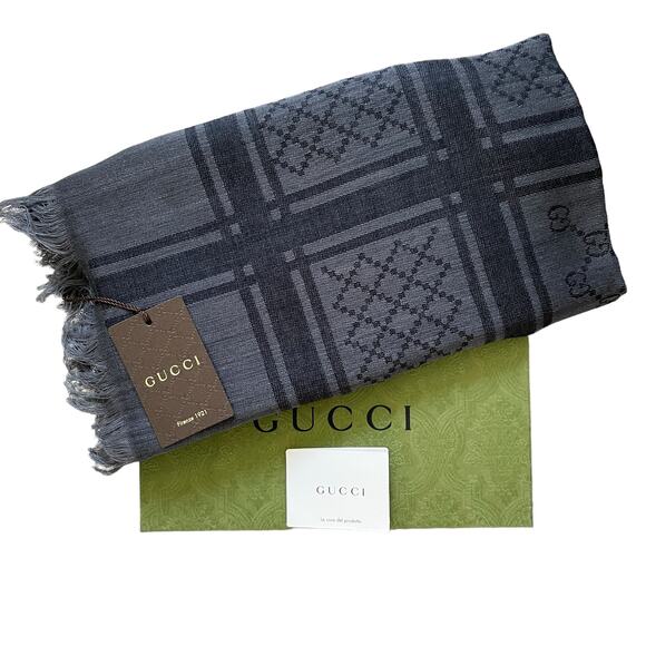 GUCCI Graphite Black Wool Silk Shawl Diamante GG Print Scarf Wrap 544615 NEW - Picture 1 of 12